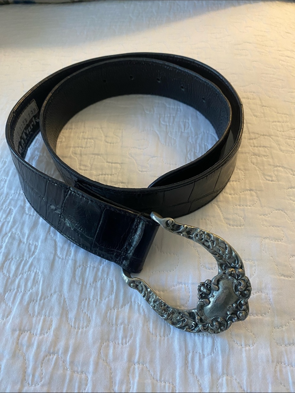 Ann Turk Black Croc-Embossed Women’s Belt with Ornate Silver-Tone Buckle